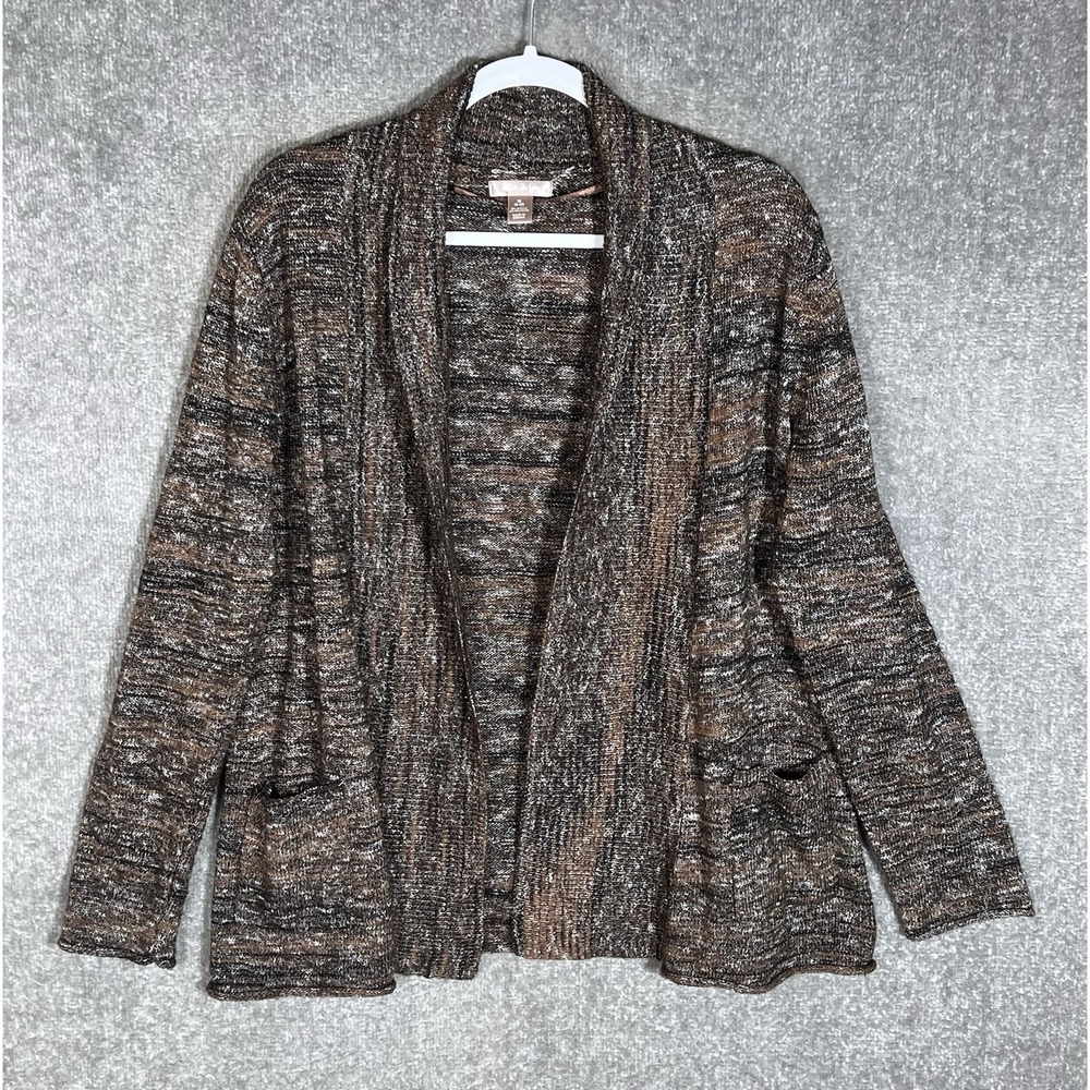 White Stage Shawl Collar Open Front Cardigan Womens Sz M Brown Spacedye Pockets